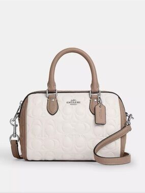Coach Quilted Mini Rowan in Chalk Signature and Tan Leather Trim